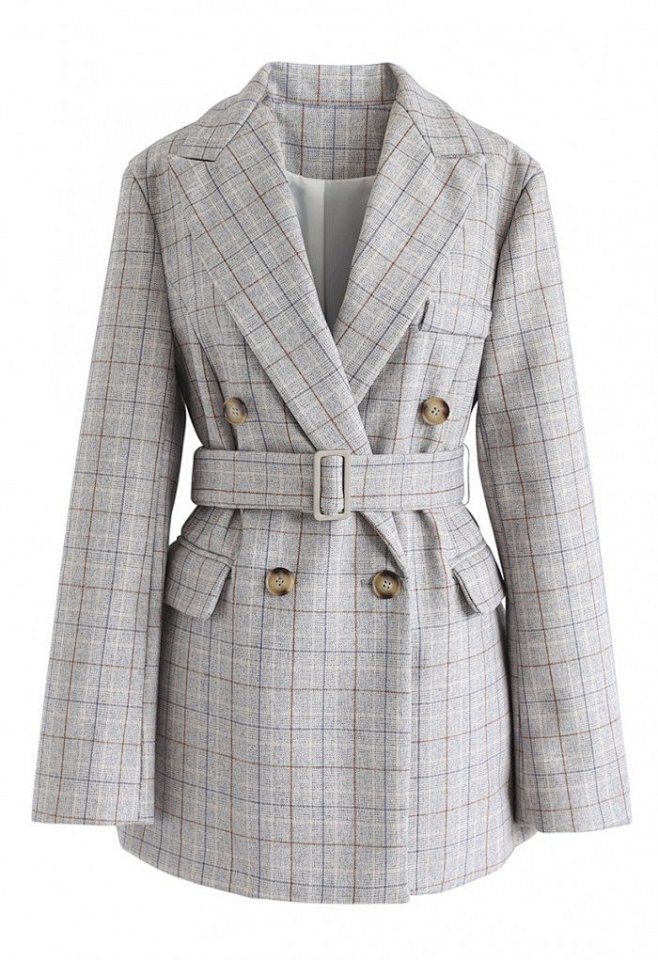 Plaid Belted Double-...