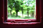 老-窗口-红色-漆-绿草-树-黑暗-内-在室内-蜘蛛网