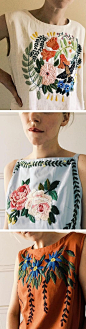 Tessa Perlow embroiders garments with bold flowers, turning ordinary tank tops and t-shirts into something spectacular. The up-cycled fashions are in keeping with the long tradition of cultures who adorn their clothing with decorative stitches.