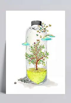 创意卡通手绘风景酒瓶瓶子|卡通瓶子,云彩,绿色小树,黄色柠檬,彩色蝴蝶,石头,手绘透明瓶,卡通元素,手绘/卡通