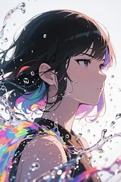 女孩冷酷侧颜，眼神蔑视世间，侧写，头部特写，五彩斑斓的水花溅射在女孩的周围（饱和度低一些，有一种光照漫反射的感觉），动漫卡通