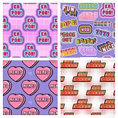 4套无缝模式与补丁“Ka-pow!”，“meme”，“Ass kicker”等。现代时尚的壁纸。古怪