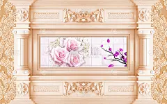 3d壁画墙纸经典的扶手椅在经典的室内与复制空间。墙与mouldings，华丽的檐口装饰柱和花卉背景