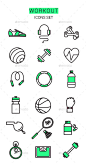 锻炼图标——对象集图标Workout Icons Set - Objects Icons羽毛球、足球、篮球、瓶、盒、拳击、有氧运动,哑铃,健身,健身,耳机,健康,呼拉圈,ios,跳,kettlebell,线,药片,球拍,回力球、跑步、羽毛球,运动鞋,运动,中风,追踪,跑步机,维生素,手表 badminton, ball, basketball, bottle, box, boxing, cardio, dumbbell, fitness, gym, headphones, health, hula-hoo