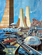 Skyscrapers of the Future  Painted 1968 by German futurist Klaus Bürgle for "Das Neue Universum".