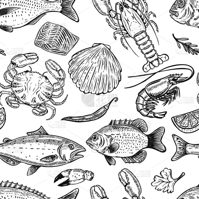 海产,绘画插图,四方连续纹样,矢量,设计...