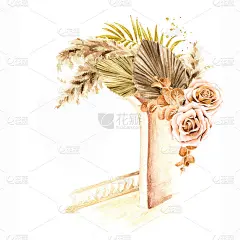 波西米亚花束和棕榈叶，带有地中海或北非建筑元素。手绘水彩插图孤立的白色背景