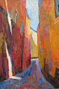 Colours and perspective leading your eye down the lane. Larisa Aukon "Narrow Street" 36x24, oil www.aukonlarisa.com: 