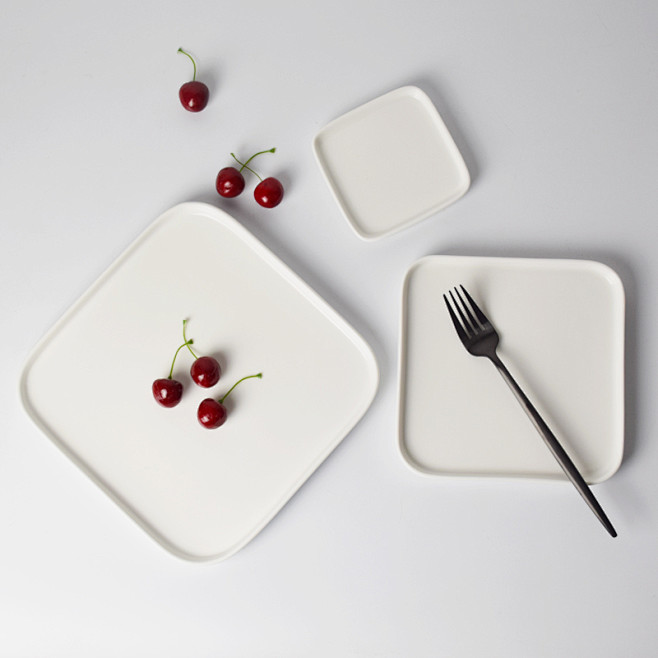 简约纯白色西餐盘牛排盘正方形陶瓷盘子创意...