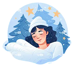 睡觉的卧室圣诞夜小女孩白色连帽毛衣—女孩睡在雪山上，周围环绕着树木