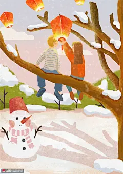冬季雪人孔明灯传统团圆节元宵节插画 节日节气 元霄节