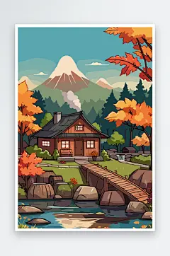 卡通秋季山间小木屋景色插画