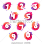 Numbers set logos at colorful watercolor splash background. Vector elements for posters, t-shirts and cards.