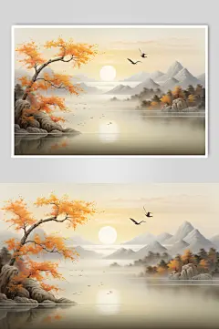 AI数字艺术水墨风秋天秋季自然风景插画