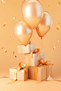 Golden gift boxes, balloons and ribbon in a pkt, in the style of minimalistic abstract compositions, light orange and light beige, hyper-realistic still life, vibrant stage backdrops, multi-layered compositions, photorealistic detail, playful and lighthea