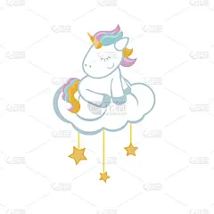 卡通独角兽坐在云上