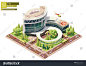 Vector isometric hospital or clinic building with emergency entrance, ambulance helicopter or medevac, helipad, ambulance vehicle