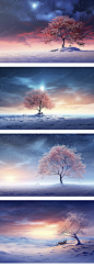 798唯美冬季冬天大树木渐变天空雪景风景插画背景JPG图片设计素材-淘宝网
