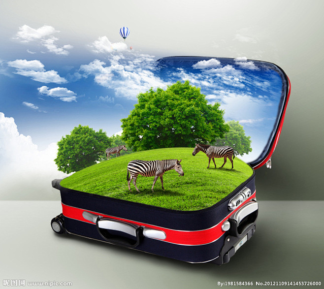 旅行箱中的绿色生态环保背景设计图