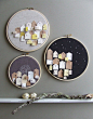 REUNION -Set of 3 -tiny wooden houses on linen hoopart
