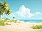 Pixar style, blue sky and white clouds, with a sandy beach in the foreground and grass and trees on both sides, and a sea in the foreground. Cute, colorful, dreamy colors, long shot, 8k, best quality, super detail, 3D, C4D, Blender, OC renderer, ultra hig