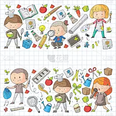 的孩子。学校和幼儿园。创造力和教育。音乐。探索。科学。的想象力。玩和学习。烹饪。唱歌。阅读。不同的爱
