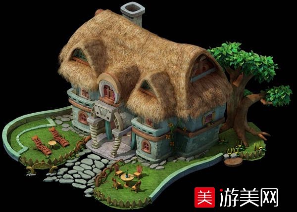 3d卡通小房子院子场景躺椅桌子cg建筑模...
