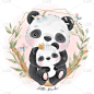 可爱的涂鸦熊猫与花卉插图