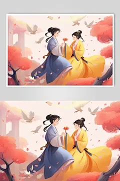 AI数字艺术国风汉服情侣七夕牛郎织女插画