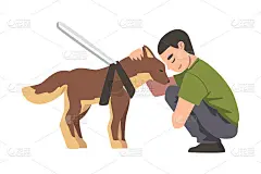 盲人行走与他的导盲犬，训练动物引导残疾人，康复，残疾无障碍概念卡通矢量插图