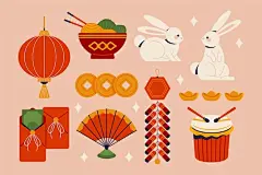 灯笼面条红包折扇鞭炮鼓春节新年兔年元素矢量图设计素材