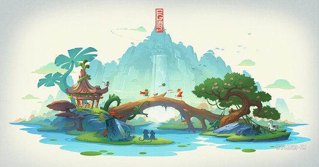 东方场景 中国风场景 插画 游戏插画 场...