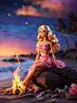 Photo _barbie_doll_a_blazing_bonfire_on_the_shoreline_