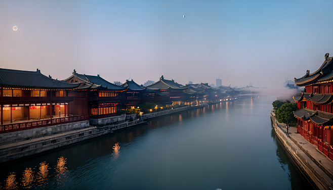 中秋月亮，两边中式建筑，中间河流，漂浮着...