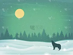 冬天的景观背景与冬天的树和嚎叫的狼剪影。