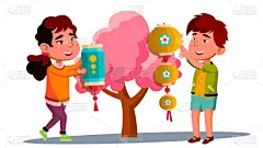 女孩,男孩,亚洲,红色,悬挂的,传统,樱桃,传统节日