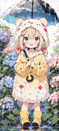 02837-1919843246-1girl,rainbow,raincoat,yellow raincoat,rubber boots,hydrangea,flower,long hair,twintails,boots,blush,umbrella,open mouth,hair or