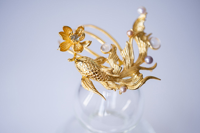 【瑶池客】S925银镀金多宝金鱼锦鲤插梳...