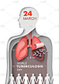 世界肺结核病日3D纸切病媒设计.呼吸疾病意识说明。肺病、药物和保健医疗海报