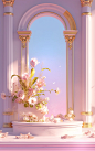 flower arrangement in a pink frame scenery photoshop templates, in the style of classical architecture, octane render, kawaii aesthetic, light cyan and light amber, stage-like environments, 32k uhd, columns and totems