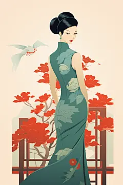 AI数字艺术民国复古旗袍服饰插画-众图网