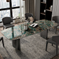 Sintered Stone Modern Rectangle Dining Table Green Stone Top Table with Metal Double Pedestal