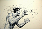 #黑白# #手绘# by Paolo Troilo（意大利）以炭笔与喷溅效果在画布上创作，重點是他是利用手指當做画笔 