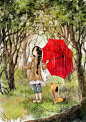 【韩国插画家Aeppol 的「森林女孩日记」系列插画】——  春雨润出了森林的色彩 ~