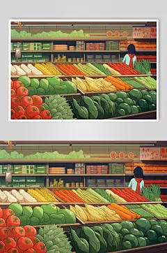 AI数字艺术菜市场生鲜蔬菜市场线条插画
