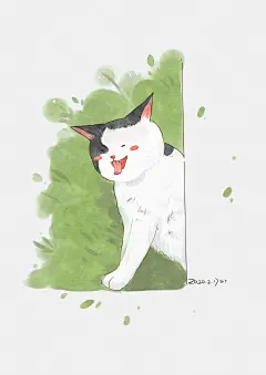 《hi，阿墨在这儿》一只叫墨子的猫 猫咪 水彩 插画 @梁家大叔