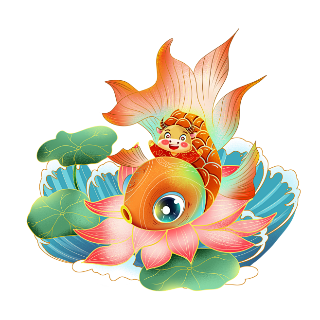 插画手绘国潮中国风年年有余 牛年png素...