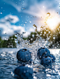 A few blueberries splashing in water, In the background is a clear stream, an abstract design, Sunshine, The blue sky and white clouds, Macro, in the style of advertising photography, Liquid explosion, high resolution, highly detailed, bright colors, a cl