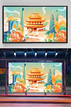 精品手绘中国风地标建筑插画设计-众图网
