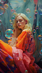 an adult woman in a bubble surrounded by colorful bubbles, in the style of meticulous photorealistic still lifes, colorful fantasy realism, eerily realistic